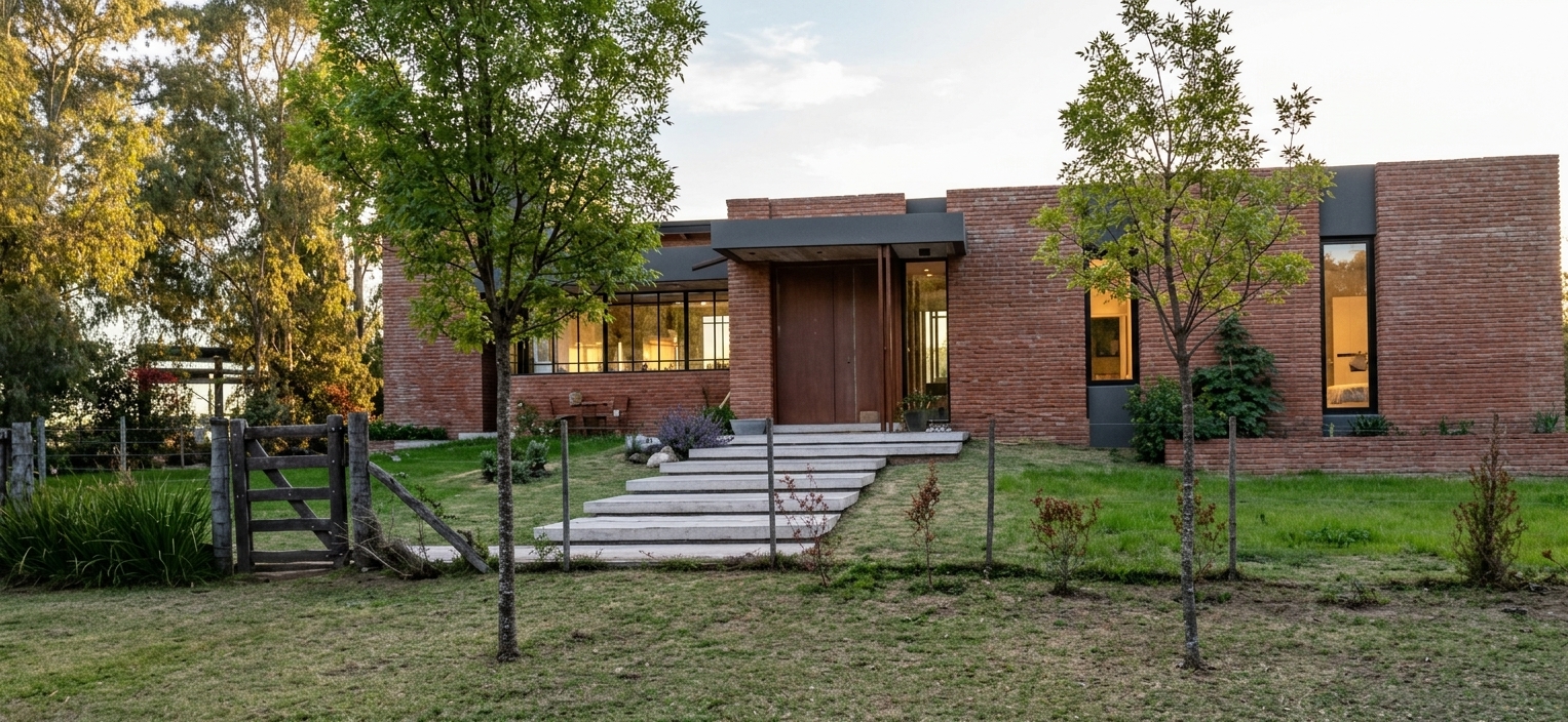 Casa de ladrillo visto con escalinata de hormigón y grandes ventanales