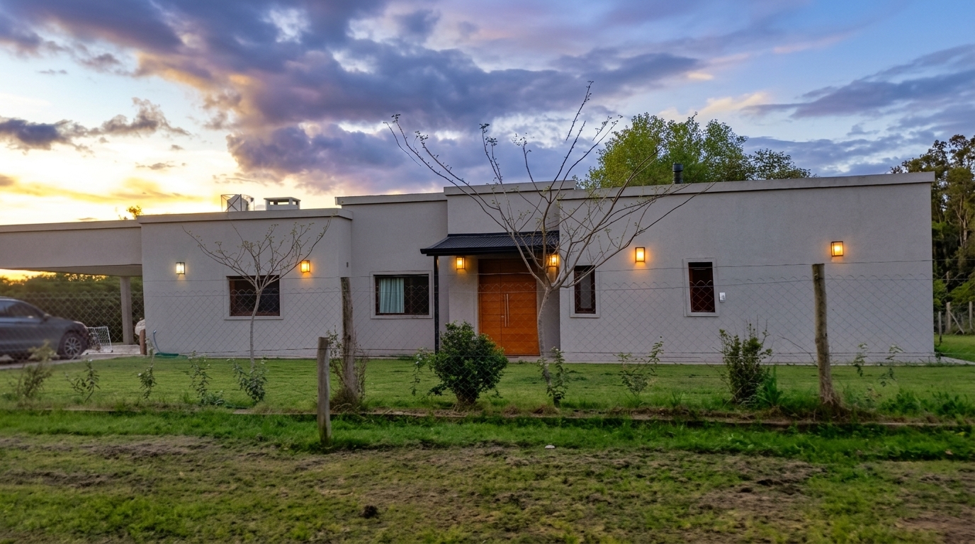 Casa de una planta con puerta de madera y apliques de luz